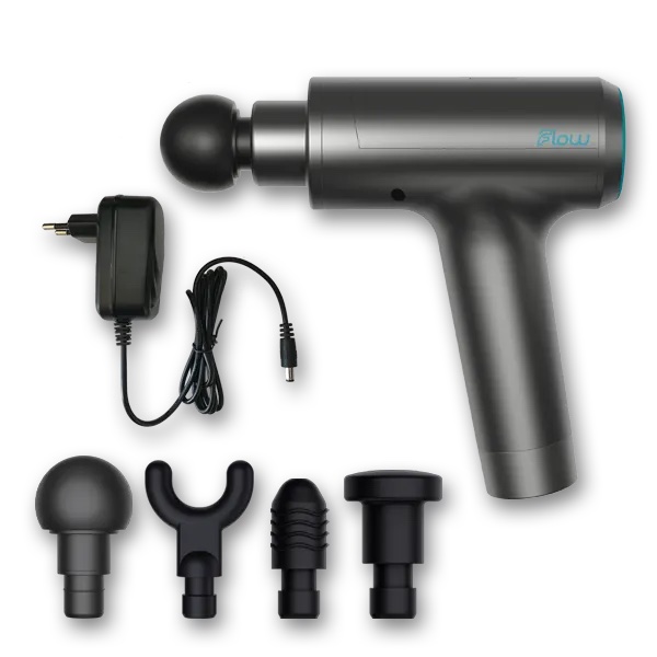 Flow MINI massagepistool | High End vibratie massage apparaat | Massage Gun | 12mm hub. 80 Watt vermogen. 4 massagekoppen. 4 uur batterijduur. Hoge kwaliteit geproduceerd. Zeer lic